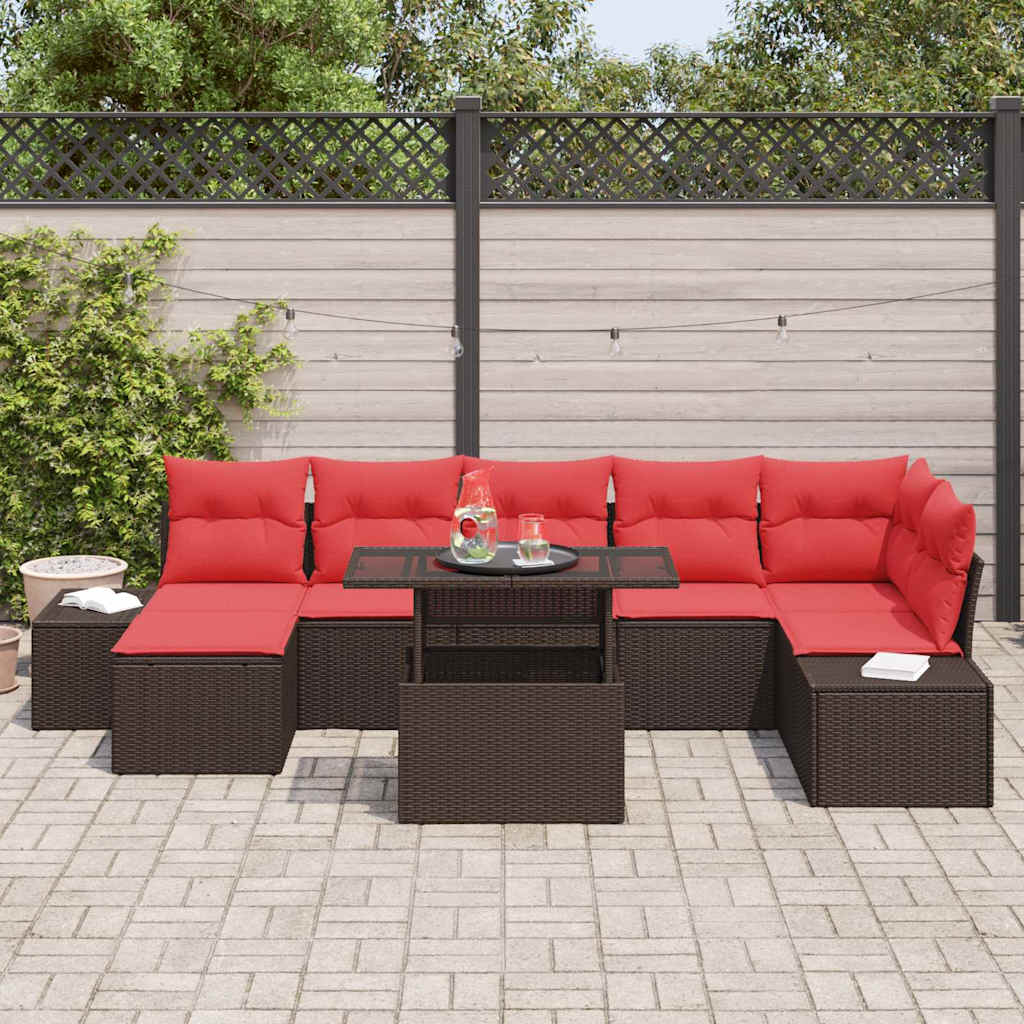 Conjunto de sofá de jardín 8 pcs Marrón y Rojo ratán sintético