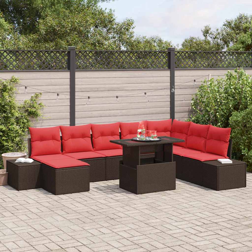 Conjunto de sofá de jardín 9 pcs Marrón y Rojo ratán sintético