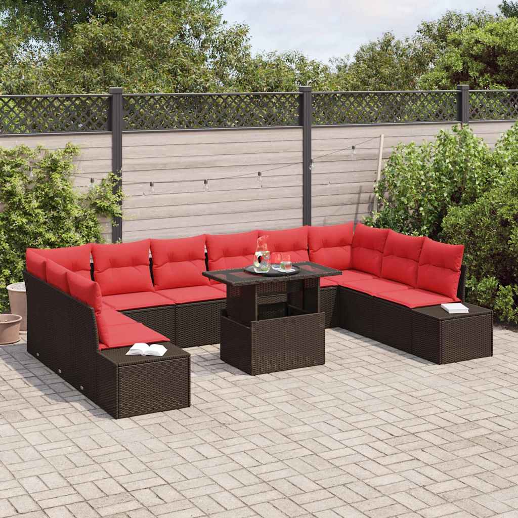 Conjunto de sofá de jardín 11 pcs Marrón y Rojo ratán sintético