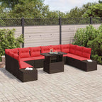 Conjunto de sofá de jardín 11 pcs Marrón y Rojo ratán sintético