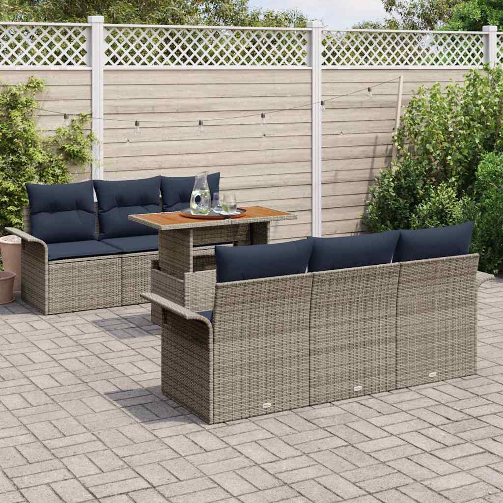 Conjunto de sofás de jardín con cojín 7 pcs Gris y azul marino