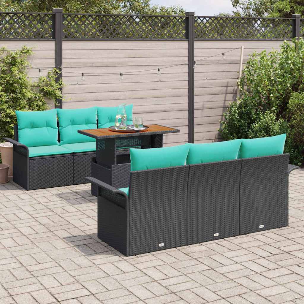 Conjunto de sofás de jardín 7 pcs Negro y azul ratán sintético