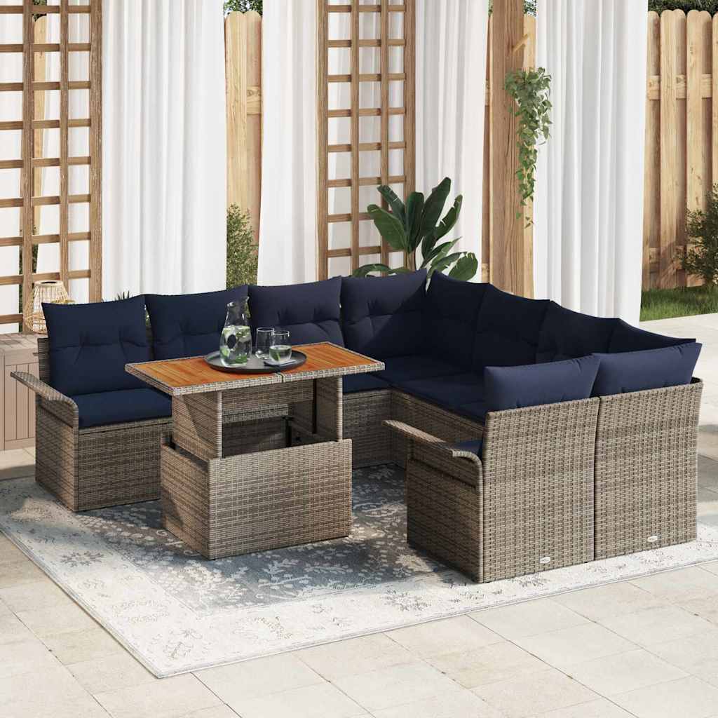 Conjunto de sofás de jardín con cojín 9 pcs Gris y azul marino