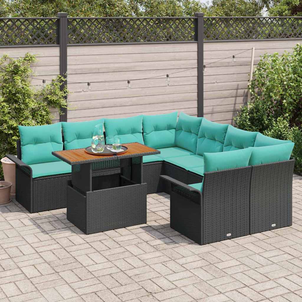 Conjunto de sofás de jardín 9 pcs Negro y azul ratán sintético