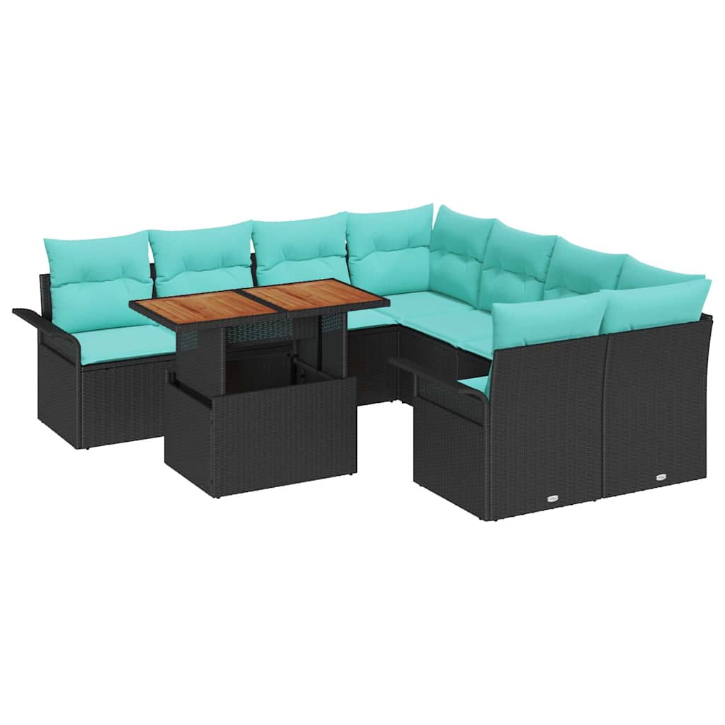 Conjunto de sofás de jardín 9 pcs Negro y azul ratán sintético