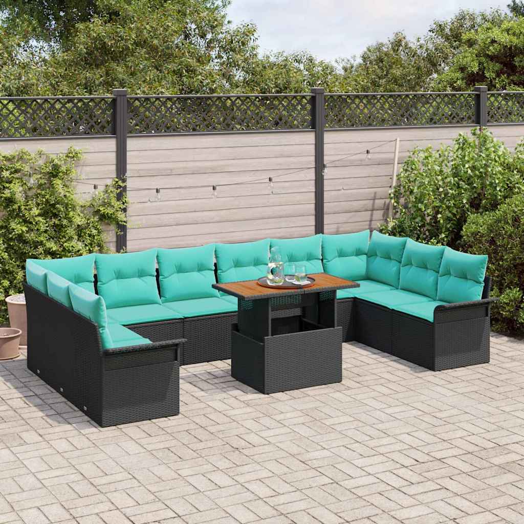 Conjunto de sofás de jardín 11 pcs Negro y azul ratán sintético
