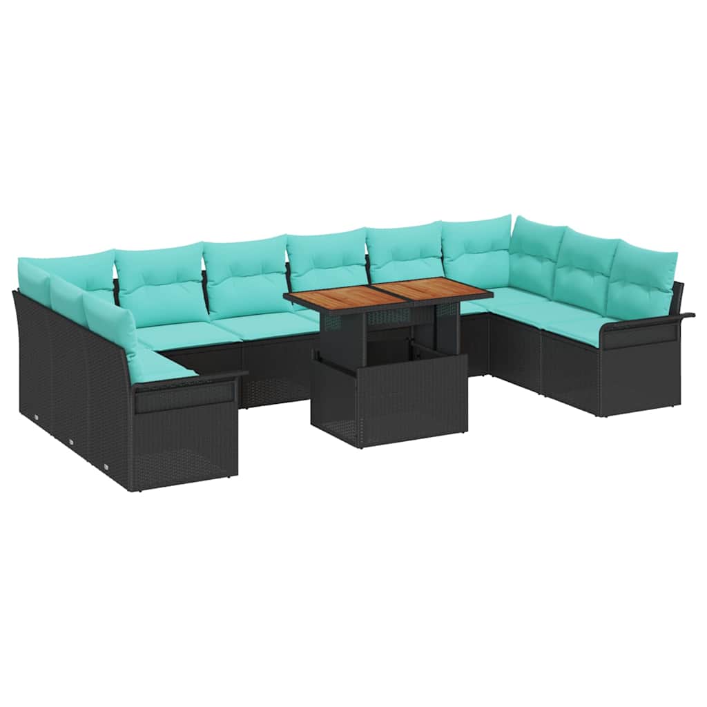 Conjunto de sofás de jardín 11 pcs Negro y azul ratán sintético