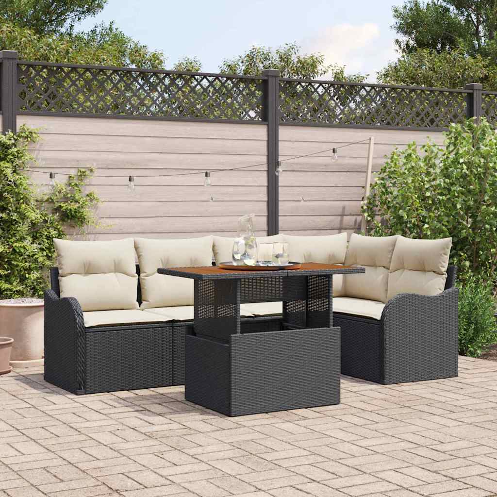 Conjunto de sofás de jardín 6 pcs Negro y crema ratán sintético