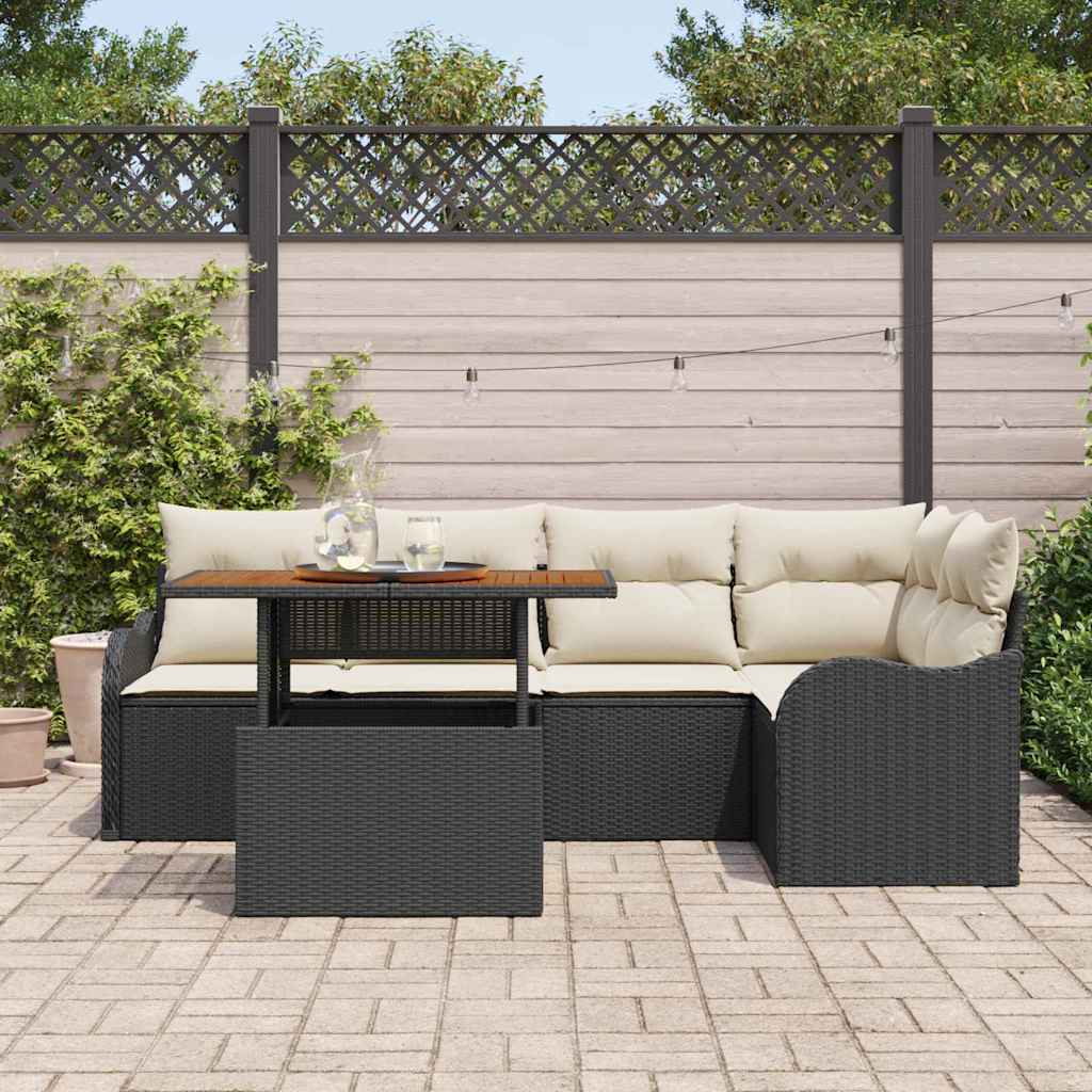 Conjunto de sofás de jardín 6 pcs Negro y crema ratán sintético
