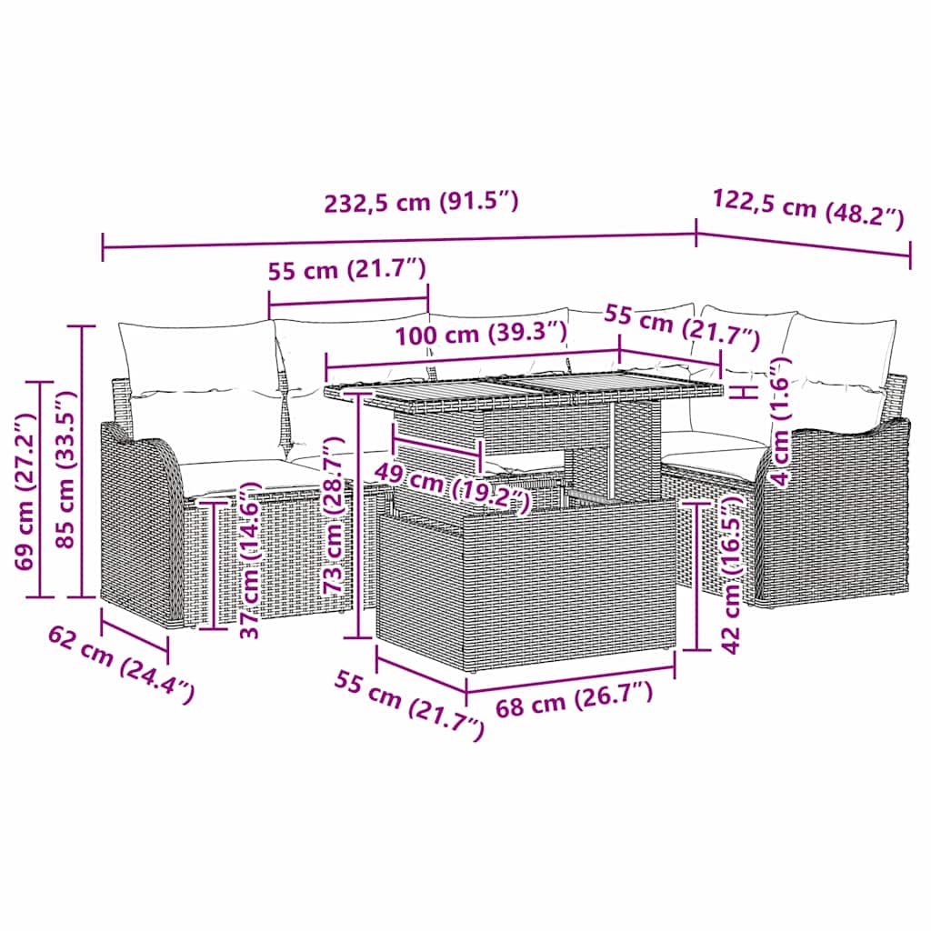 Conjunto de sofás de jardín 6 pcs Negro ratán sintético
