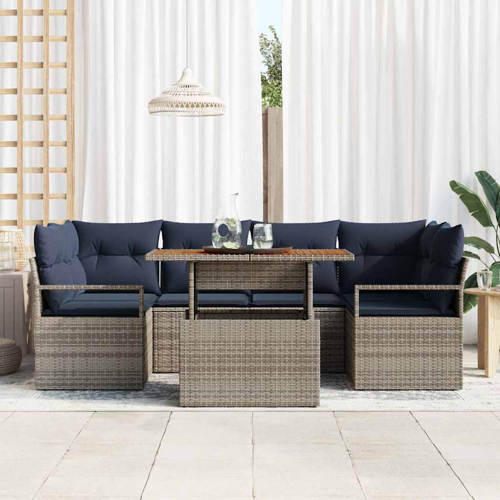 Conjunto de sofá de jardín con cojín 7 pcs gris y azul marino
