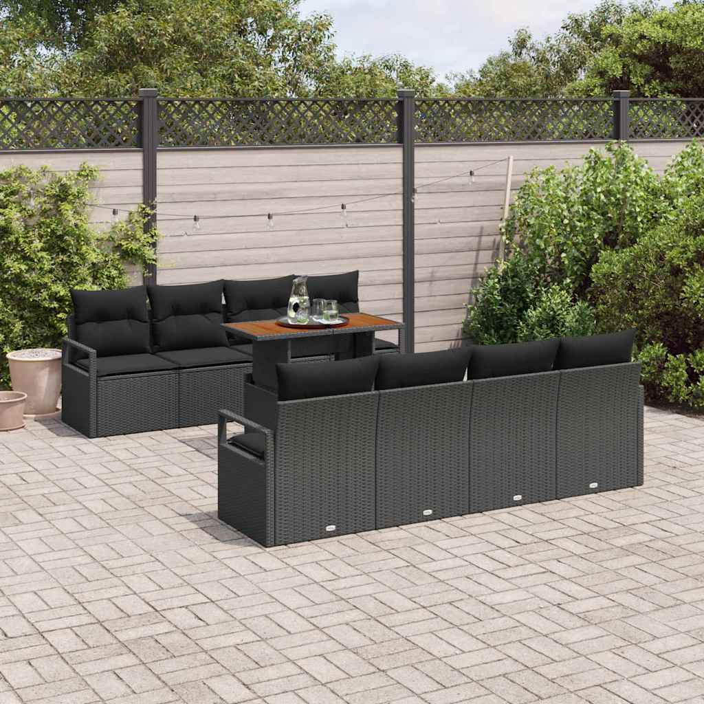 Conjunto de sofá de jardín con cojín 9 pcs Negro y Marrón