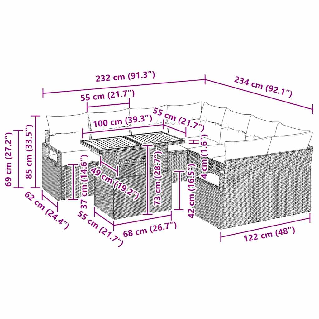 Conjunto de Comedor de Jardín con cojín 9 pcs Gris y marrón