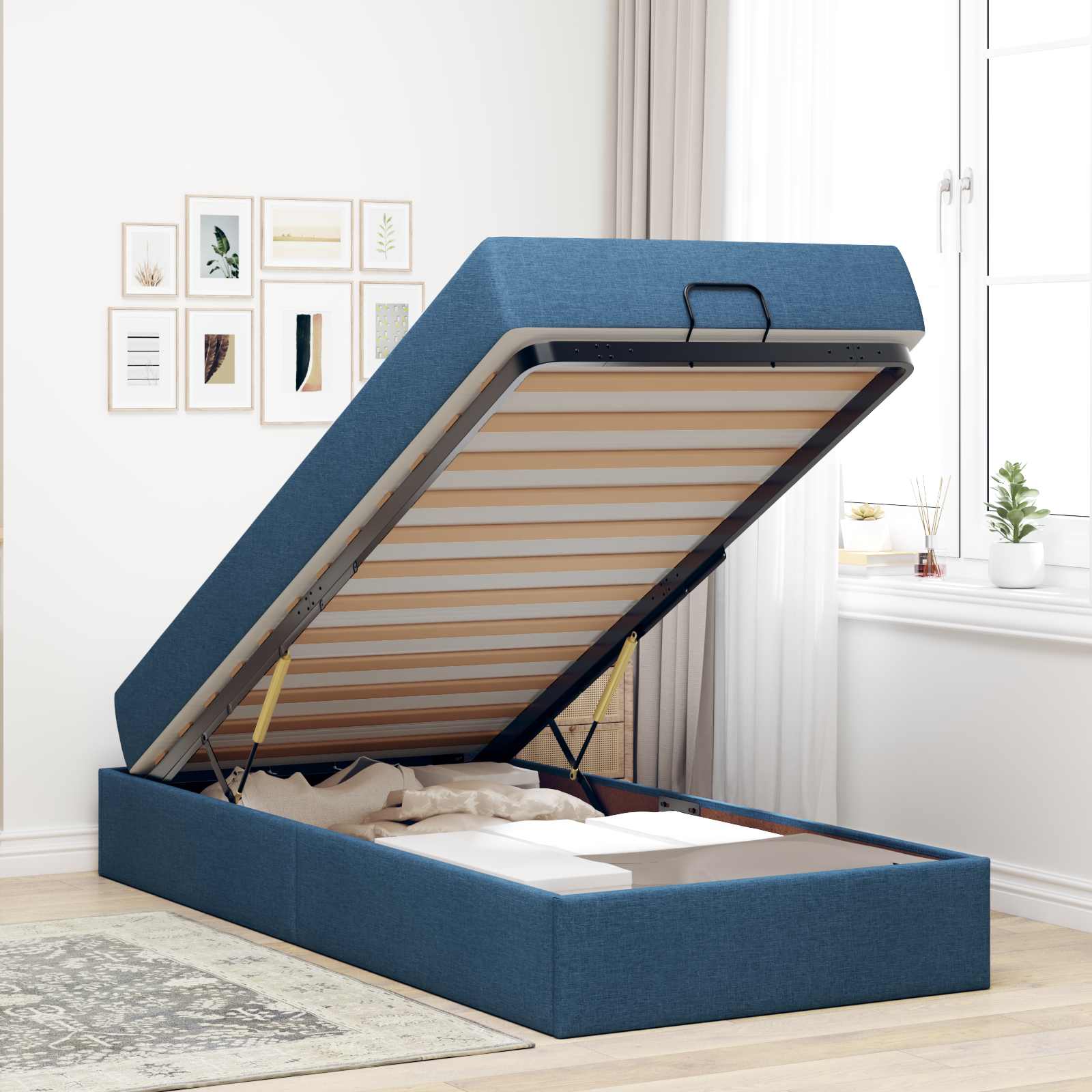 Estructura de cama con colchón 2 pcs Azul tela