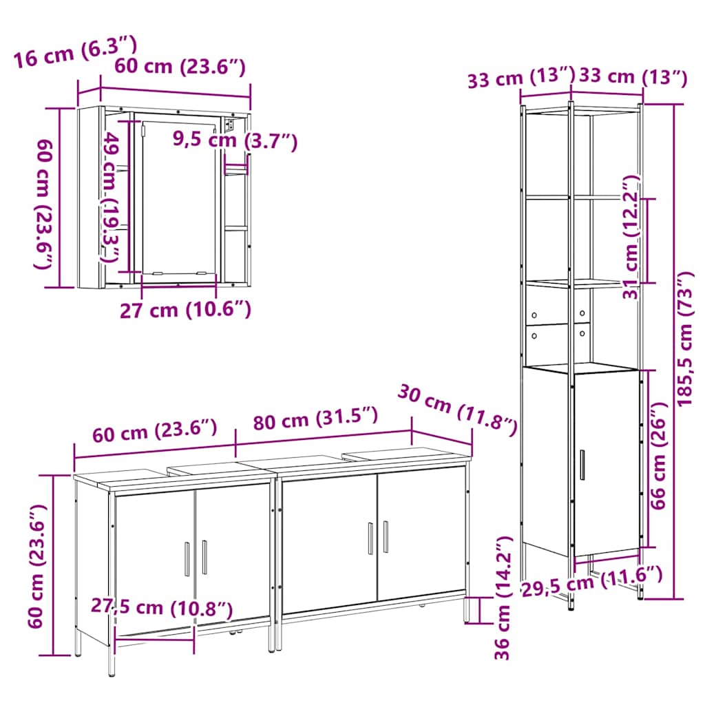 Juego de muebles de baño con estante 4 pcs Roble Sonoma