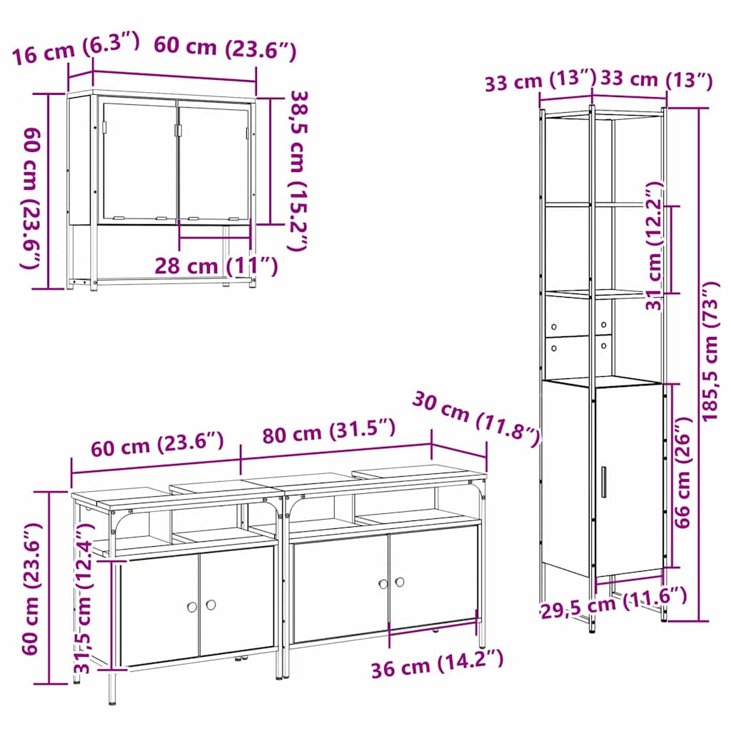 Juego de muebles de baño con estante 4 pcs Roble Sonoma