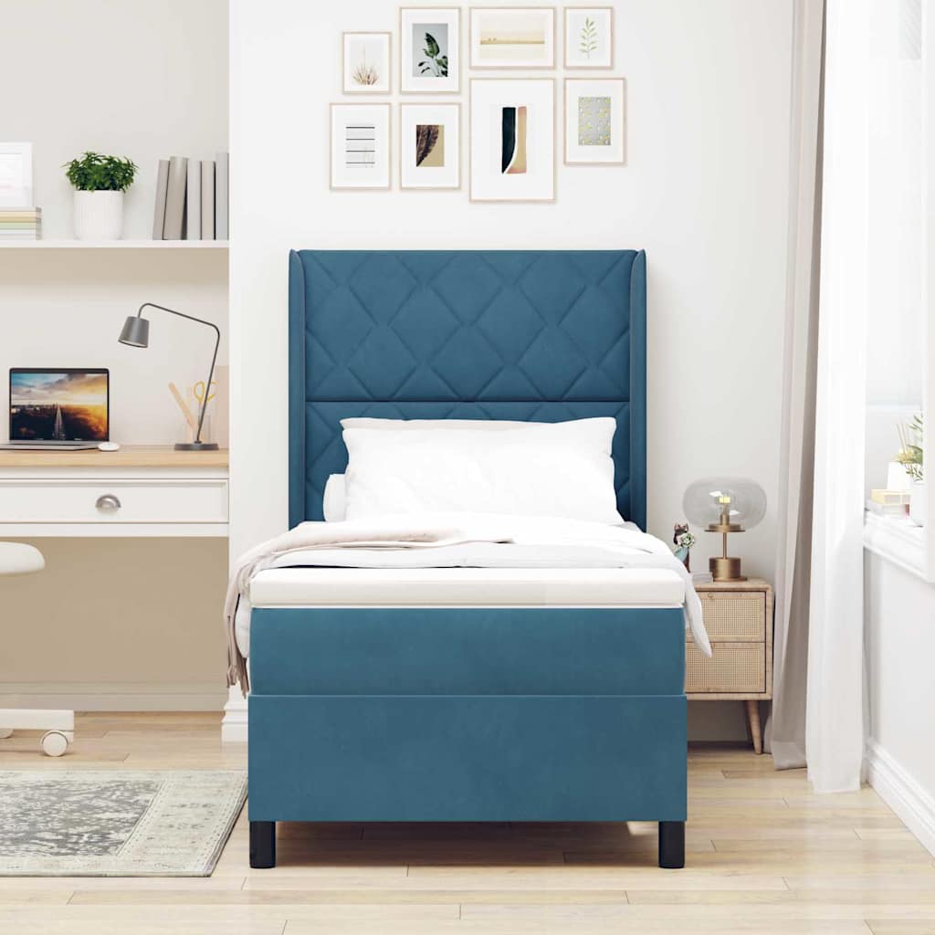 Cama Box Spring com cabeceira Azul 100 x 200 cm Veludo