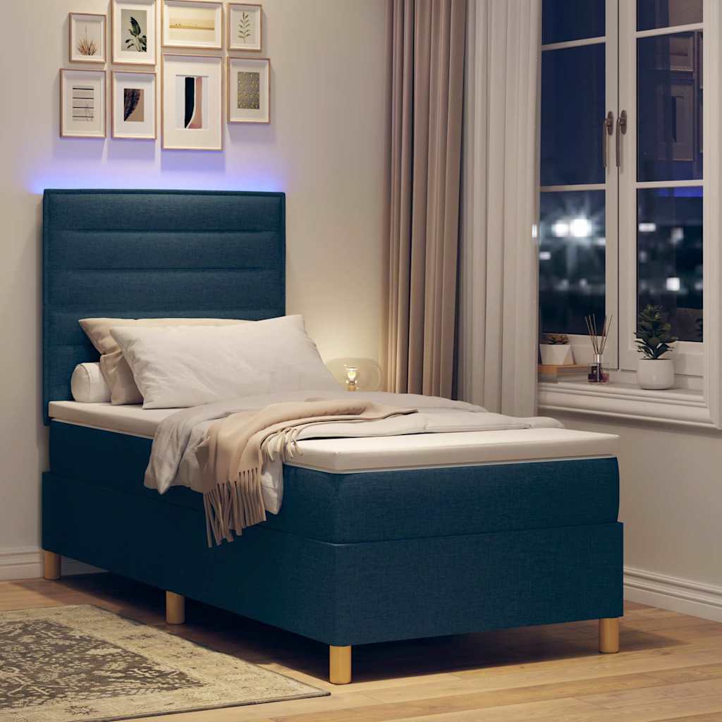 Cama Box Spring LED con colchón Azul 100 x 200 cm tela