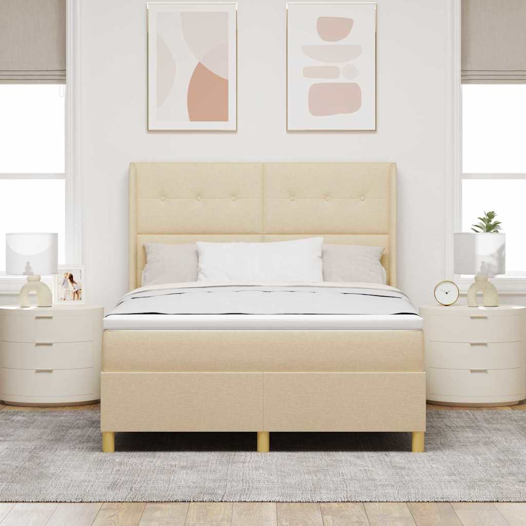 Cama tipo Box Spring con cojín Crema 140 x 200 cm tela