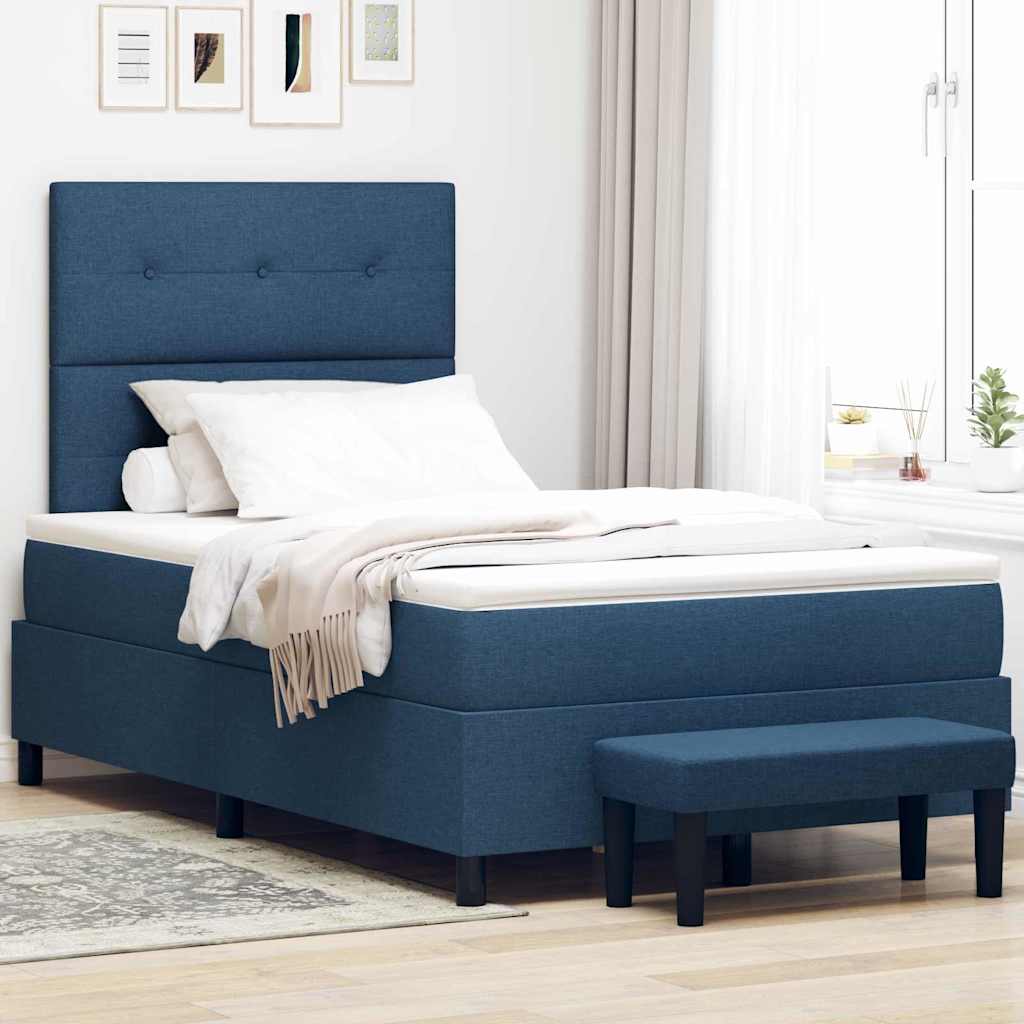Box spring bed with blue headboard 100 x 200 cm fabric