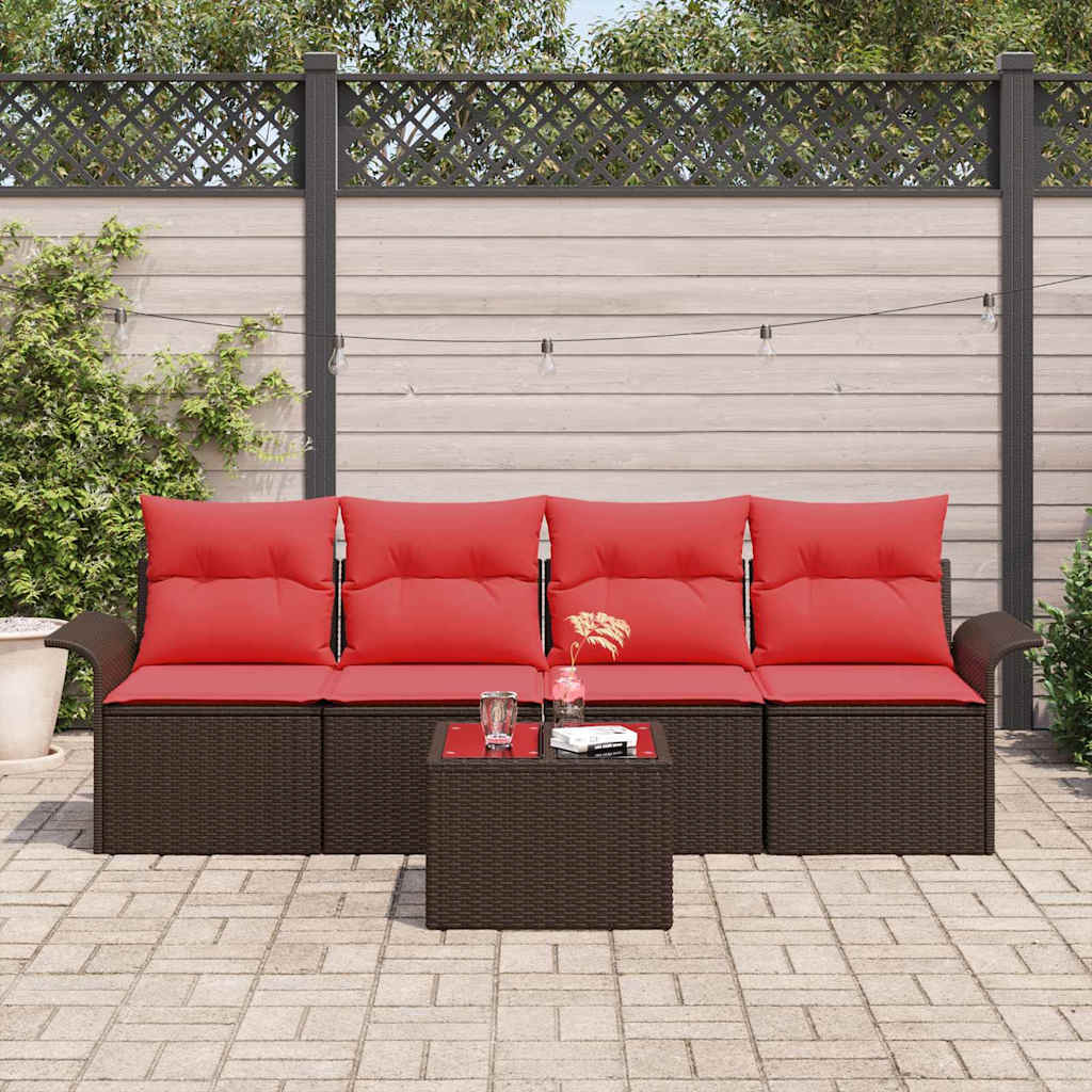 Conjunto de sofá de jardín 5 pcs Beige y Rojo ratán sintético