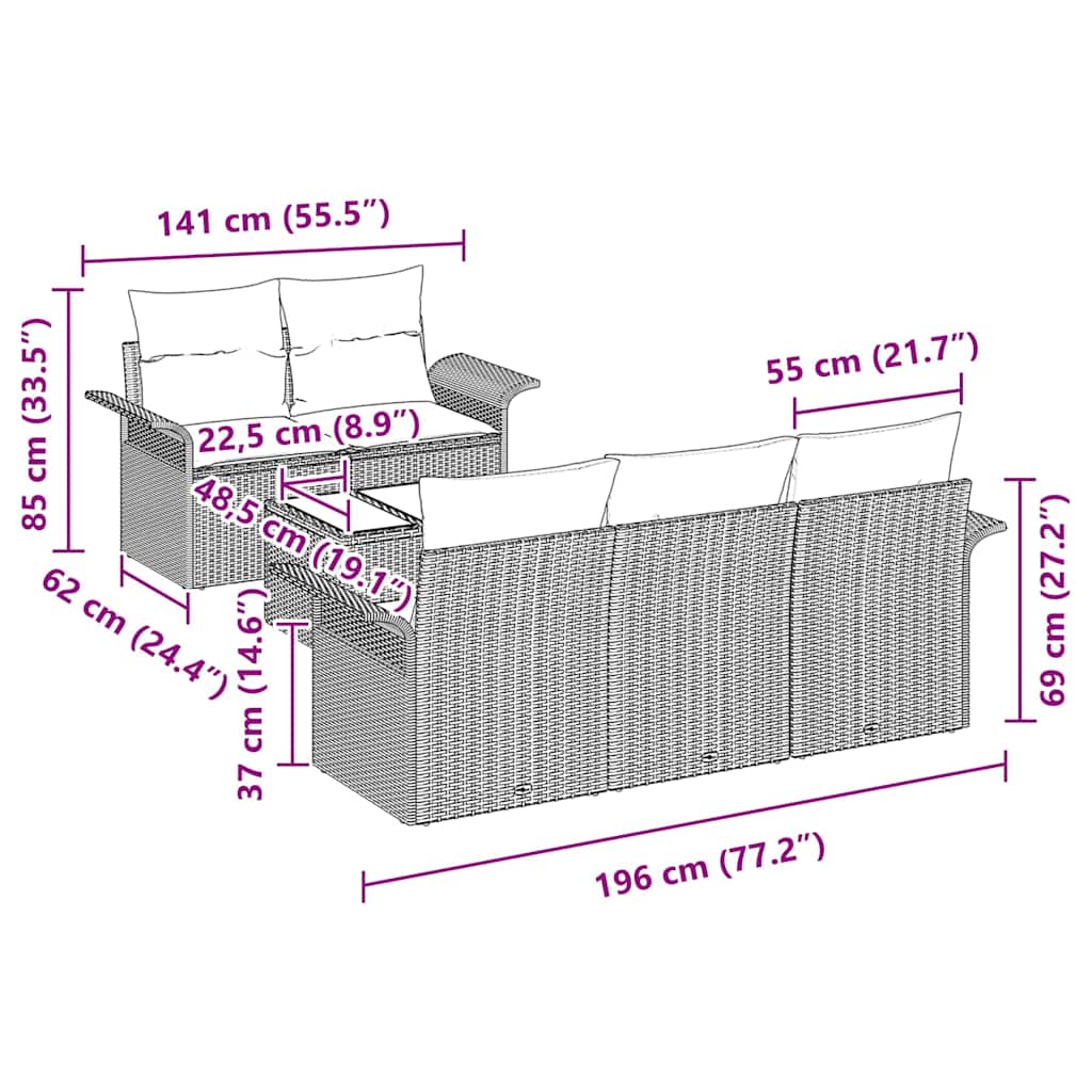 Conjunto de sofá de jardín con cojín 6 pcs Gris 55 x 55 x 37 cm