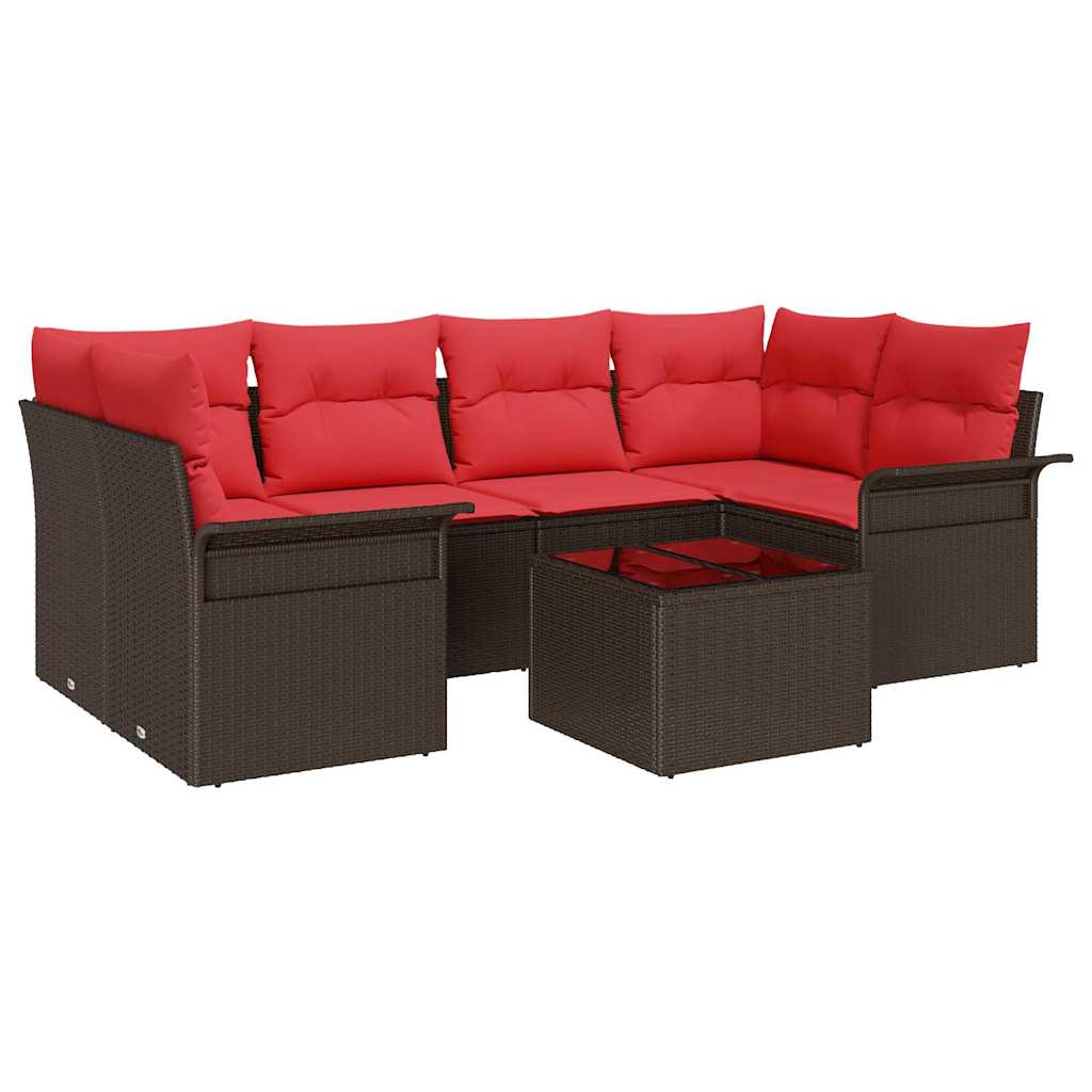 Conjunto de sofá de jardín 7 pcs Beige y Rojo ratán sintético