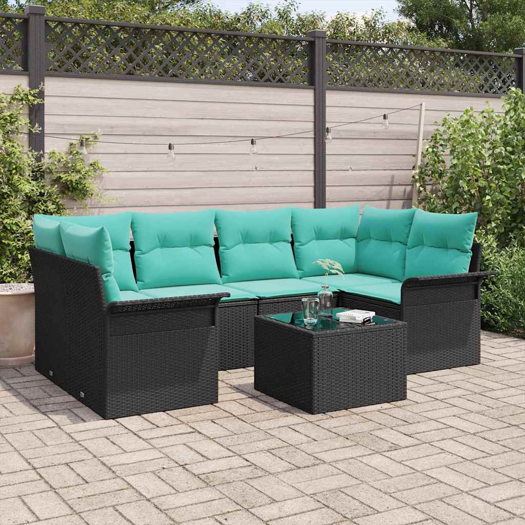 Conjunto de sofá de jardín con cojín 7 pcs Negro y Turquesa