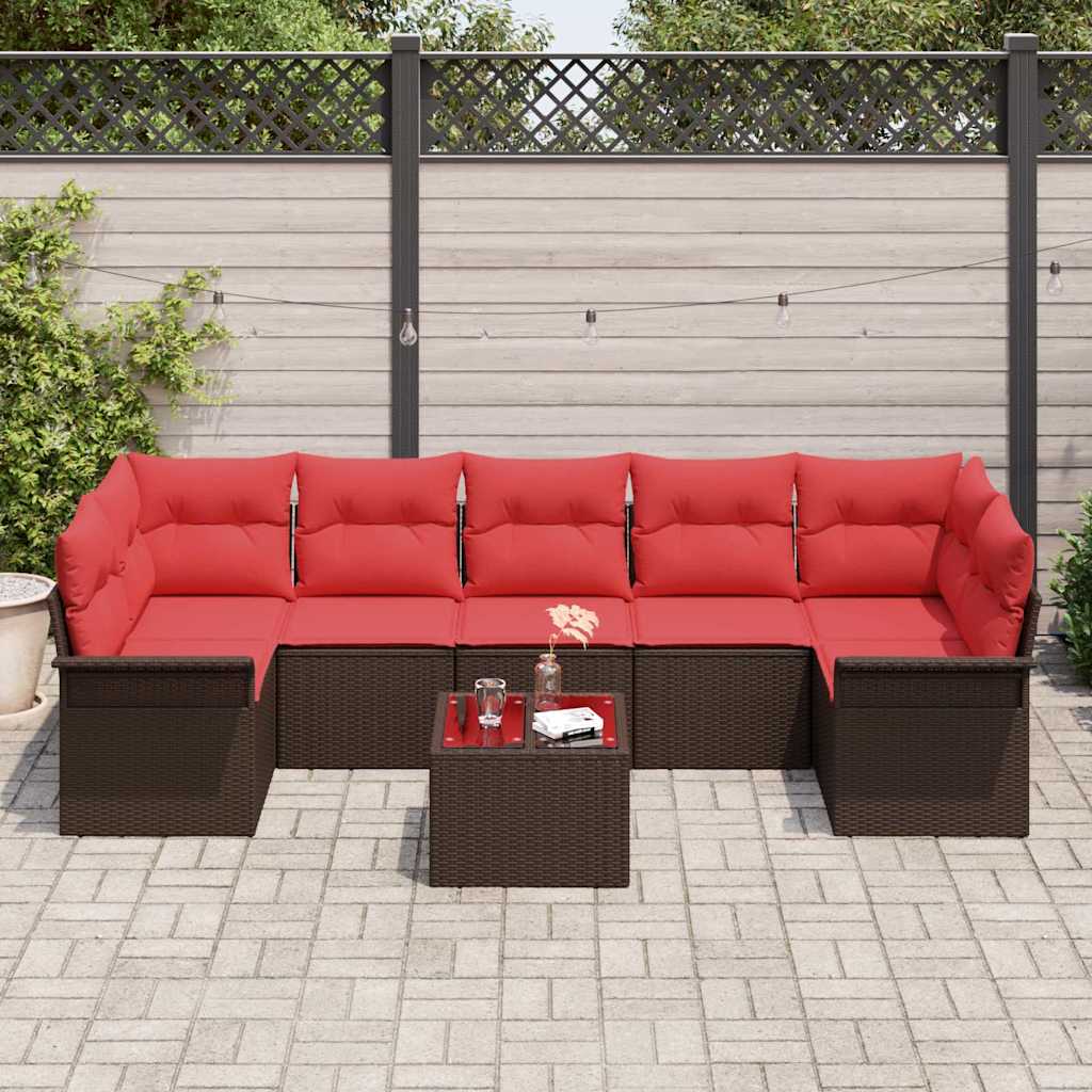 Conjunto de sofá de jardín 8 pcs Beige y Rojo ratán sintético