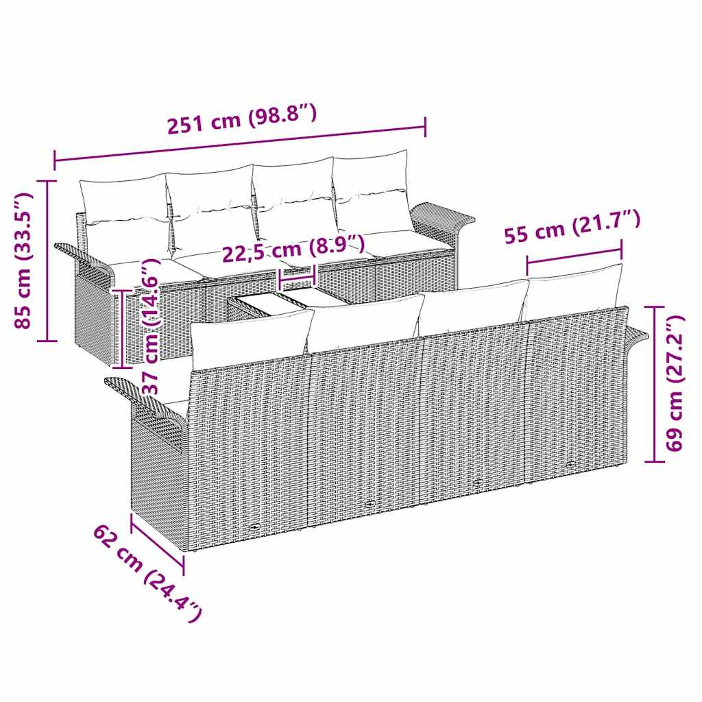 Conjunto de sofá de jardín con cojín 9 pcs Gris 55 x 55 x 37 cm