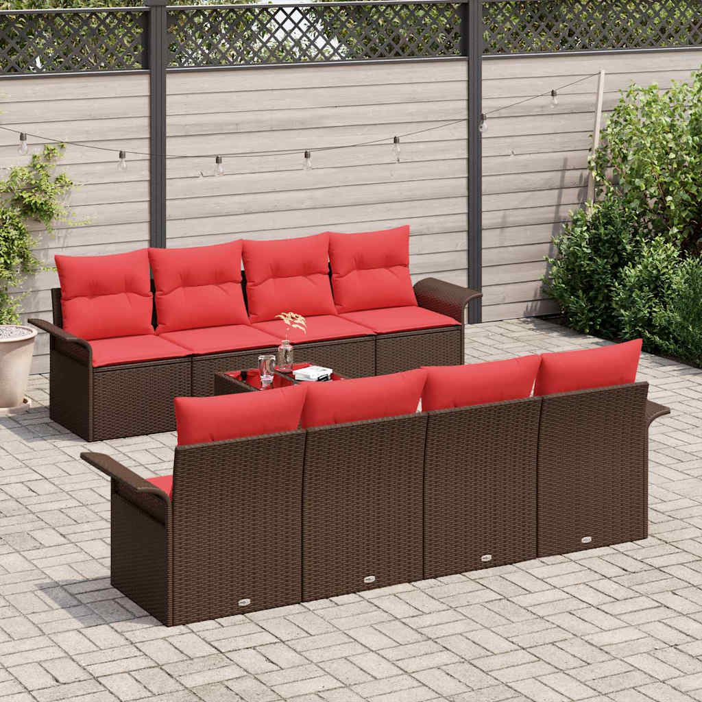 Conjunto de sofá de jardín 9 pcs Beige y Rojo ratán sintético