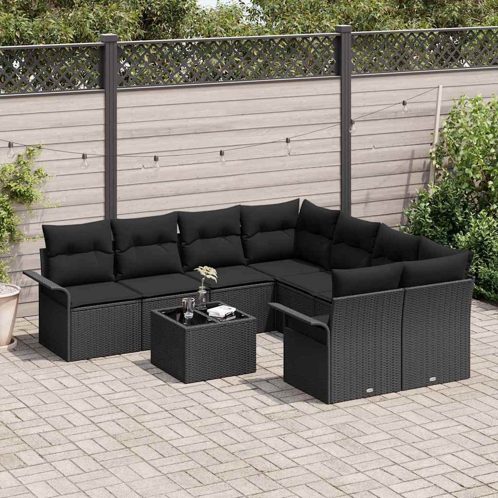 Conjunto de sofás de jardín 9 pcs Negro ratán sintético