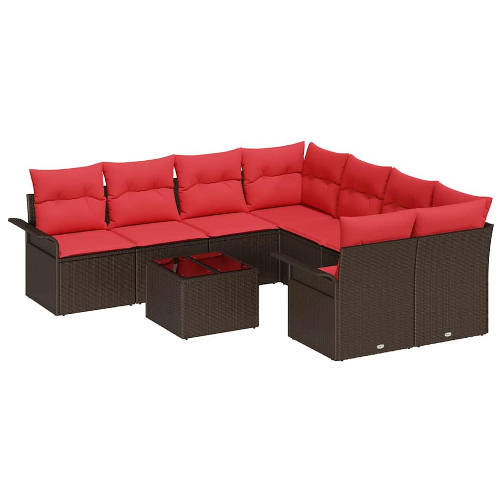 Conjunto de sofá de jardín 9 pcs Beige y Rojo ratán sintético