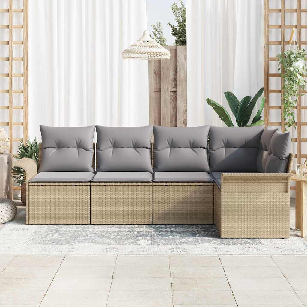 Conjunto de sofá de jardín con cojín 5 pcs Beige Poliratán