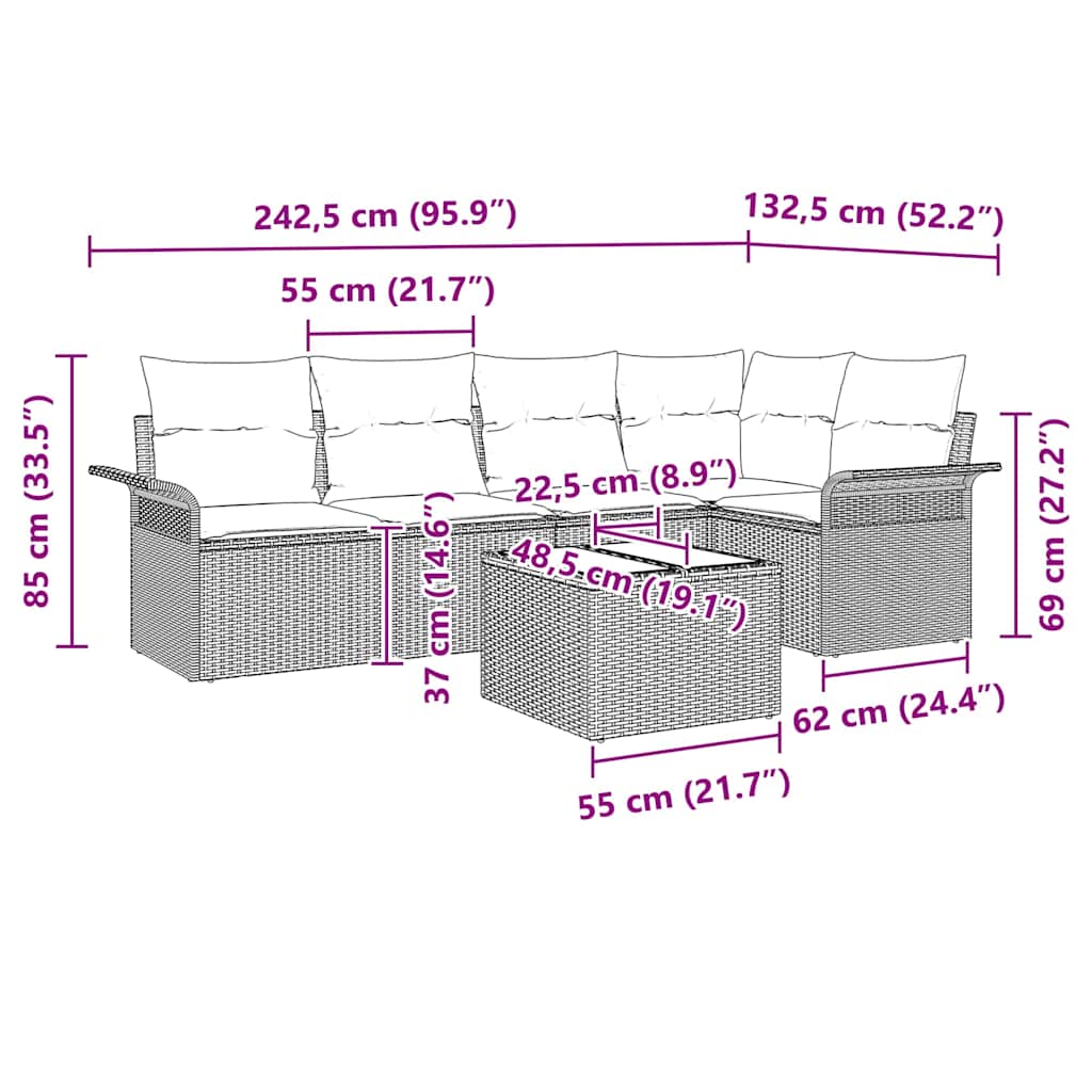 Conjunto de sofá de jardín con cojín 6 pcs Gris Poliratán