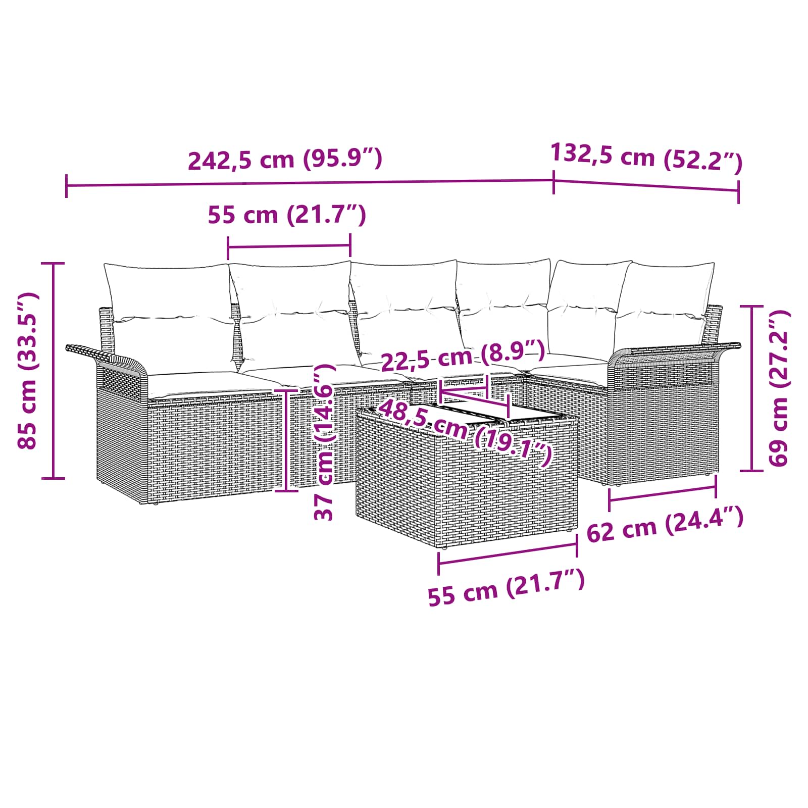 Conjunto de sofá de jardín 6 pcs Gris ratán sintético