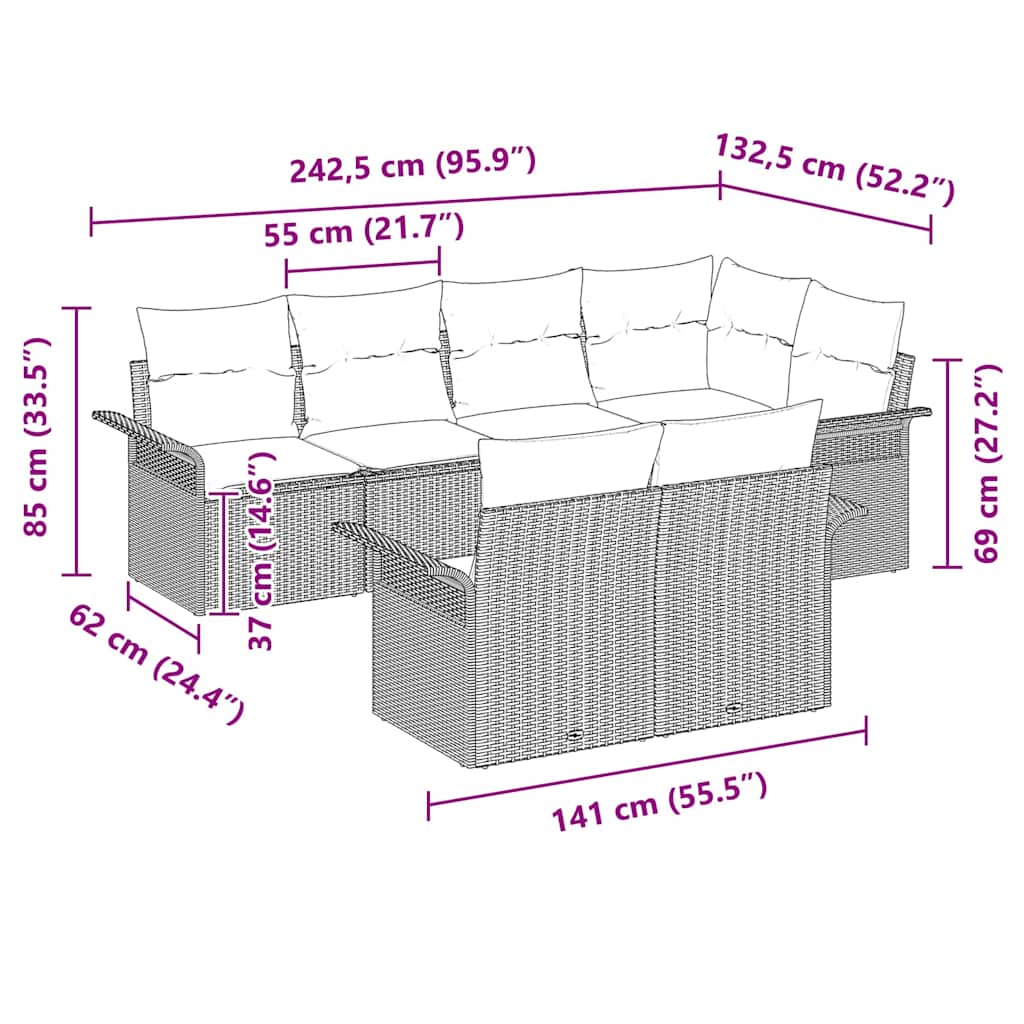 Conjunto de sofá de jardín con cojín 7 pcs Beige Poliratán