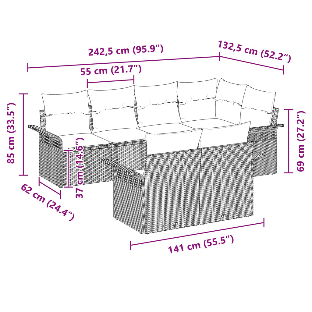Conjunto de sofá de jardín con cojín 7 pcs Gris Poliratán