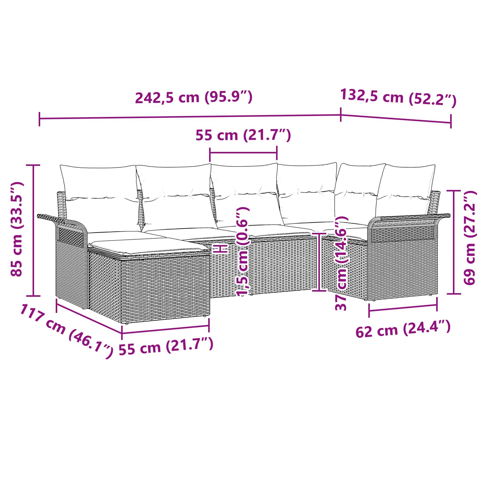 Conjunto de sofá de jardín 6 pcs Marrón ratán sintético