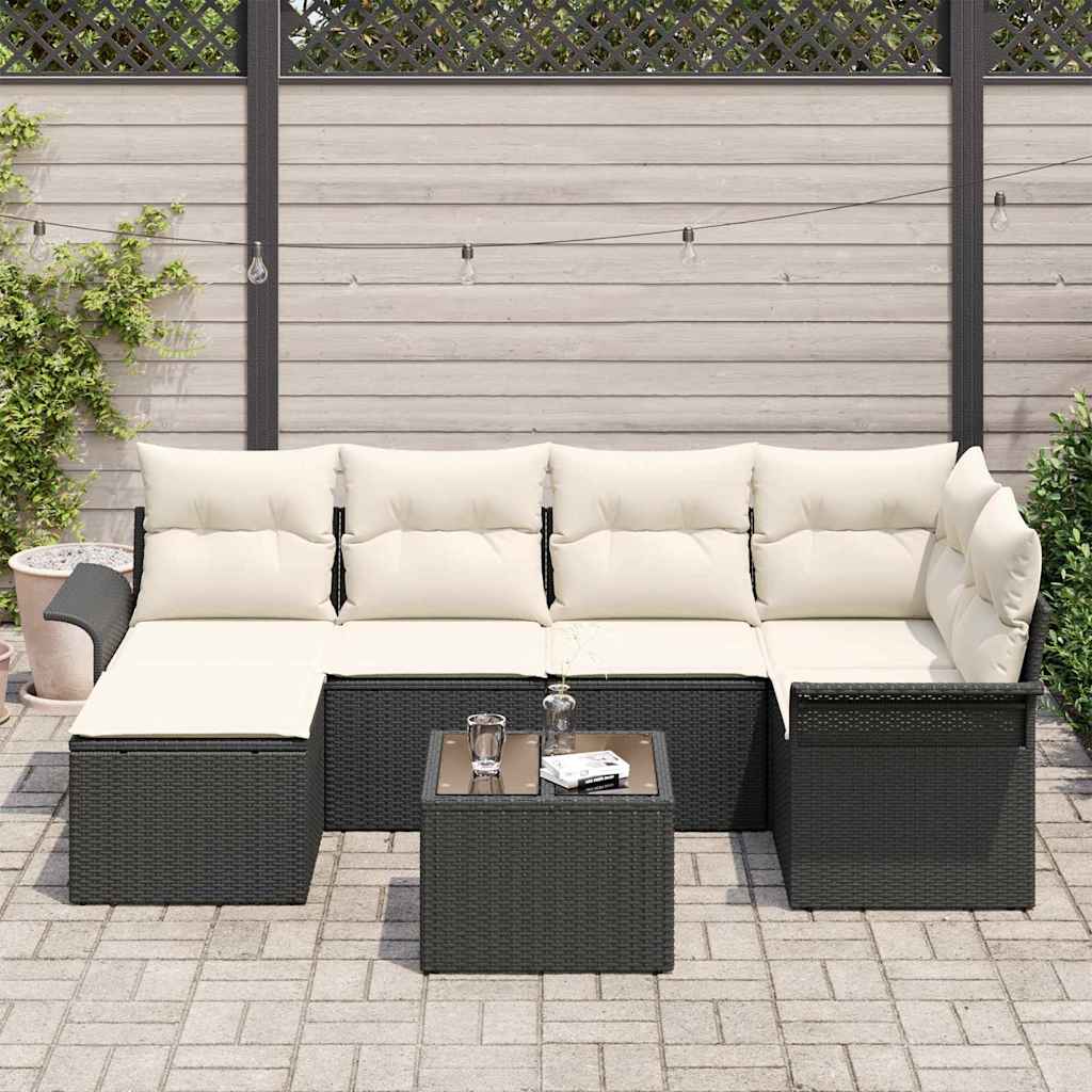 Conjunto de sofá de jardín 7 pcs Negro ratán sintético