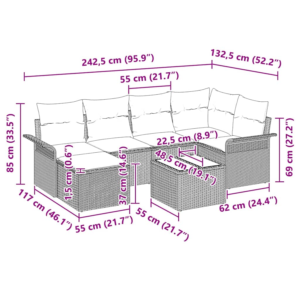 Conjunto de sofá de jardín 7 pcs Negro ratán sintético