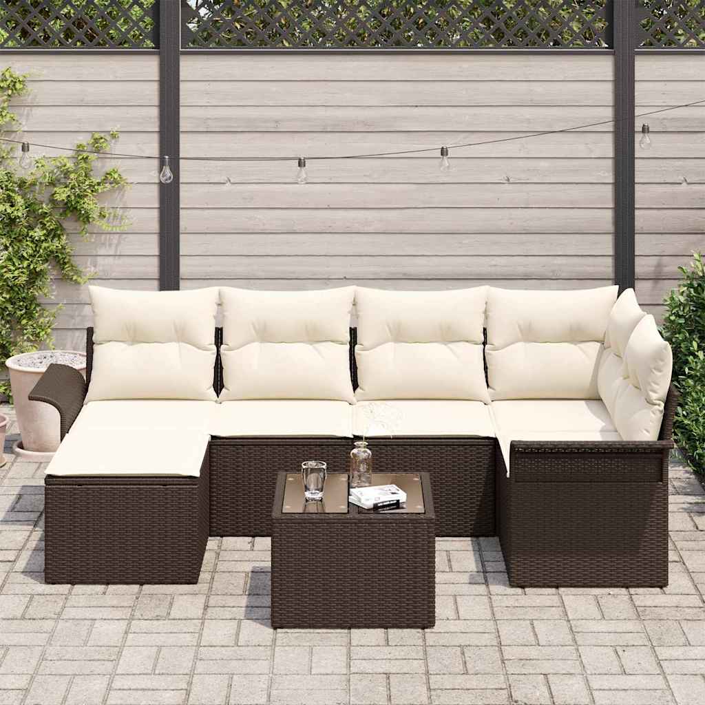 Conjunto de sofá de jardín 7 pcs Marrón ratán sintético