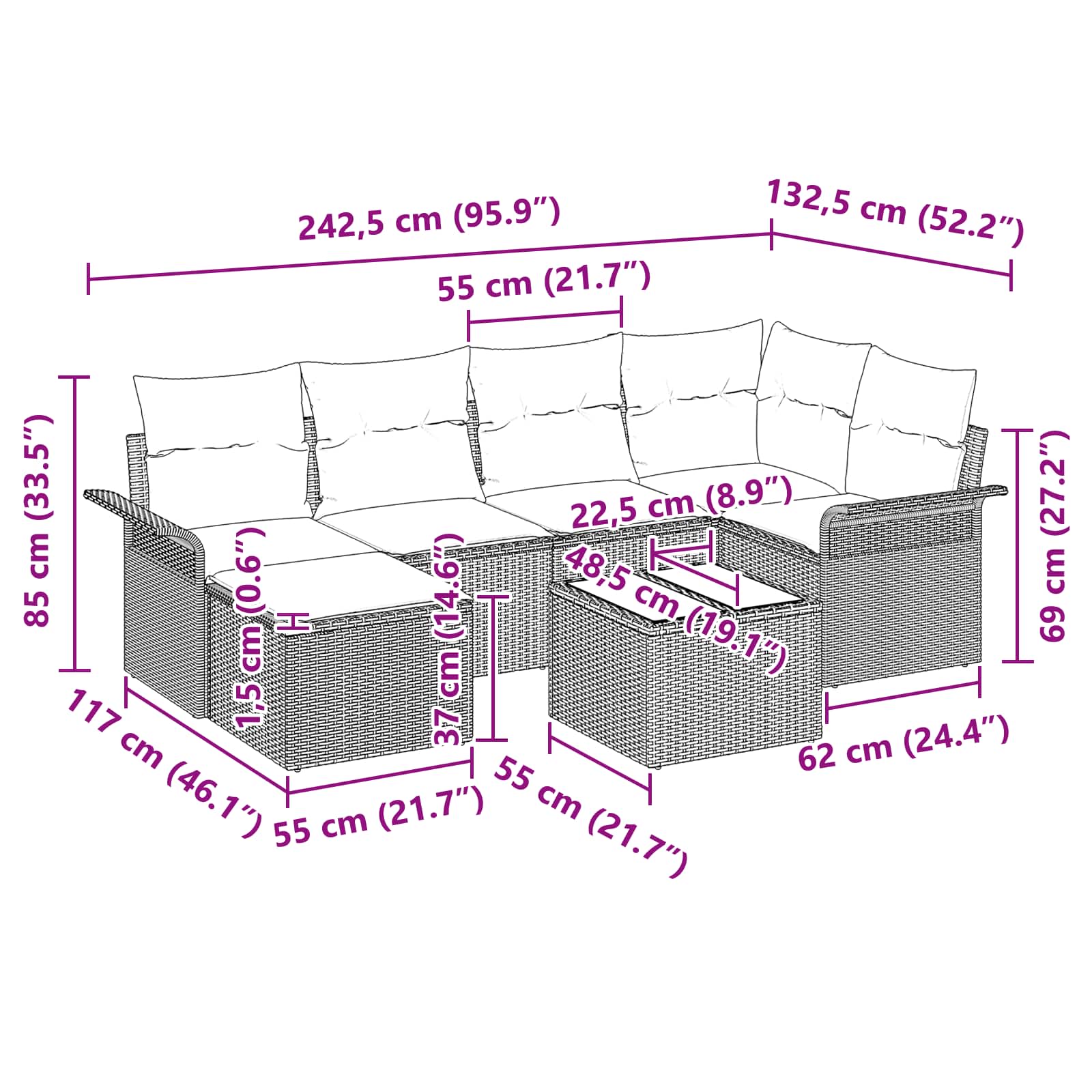 Conjunto de sofá de jardín 7 pcs Marrón ratán sintético