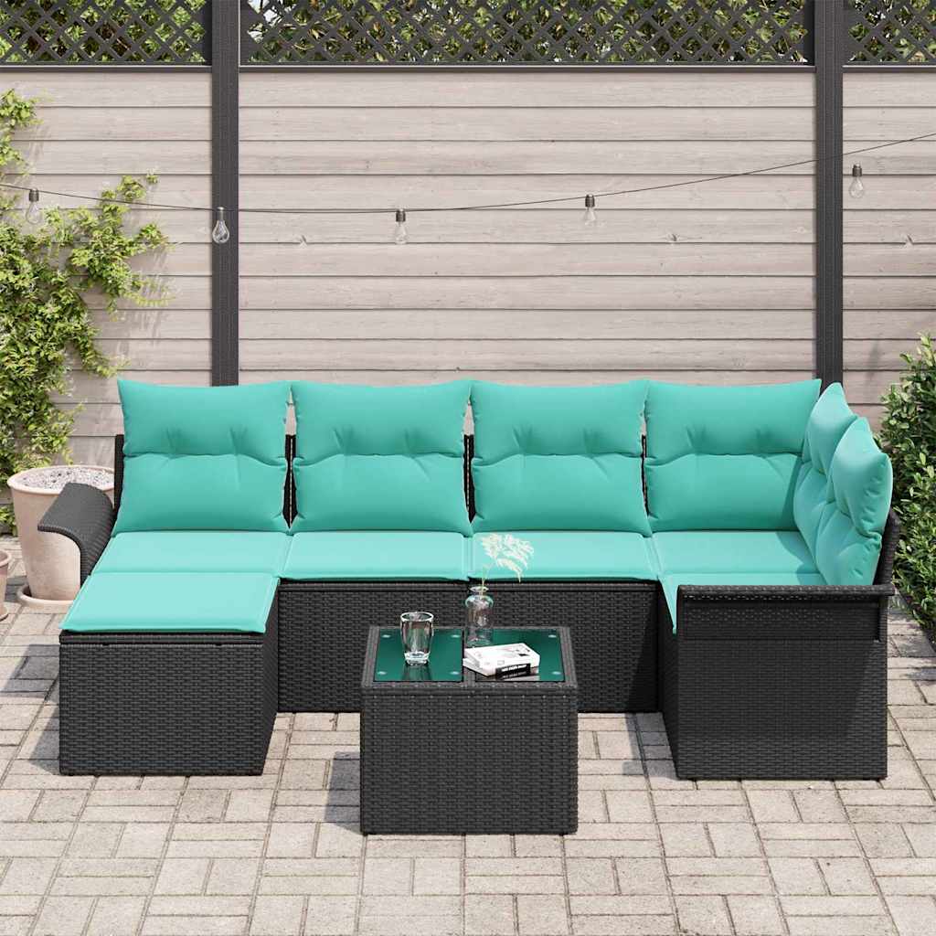 Conjunto de sofá de jardín 7 pcs Negro ratán sintético