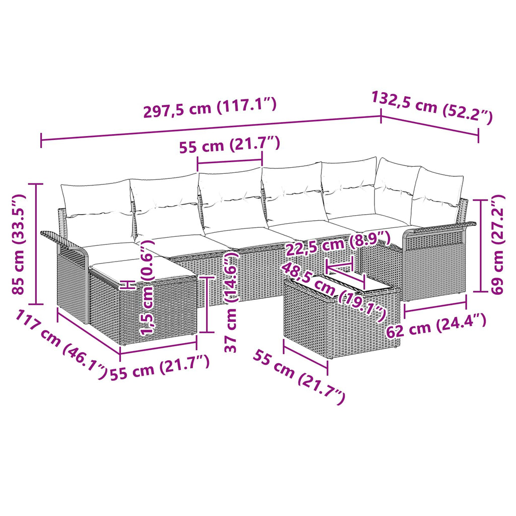 Conjunto de sofá de jardín 8 pcs Gris ratán sintético