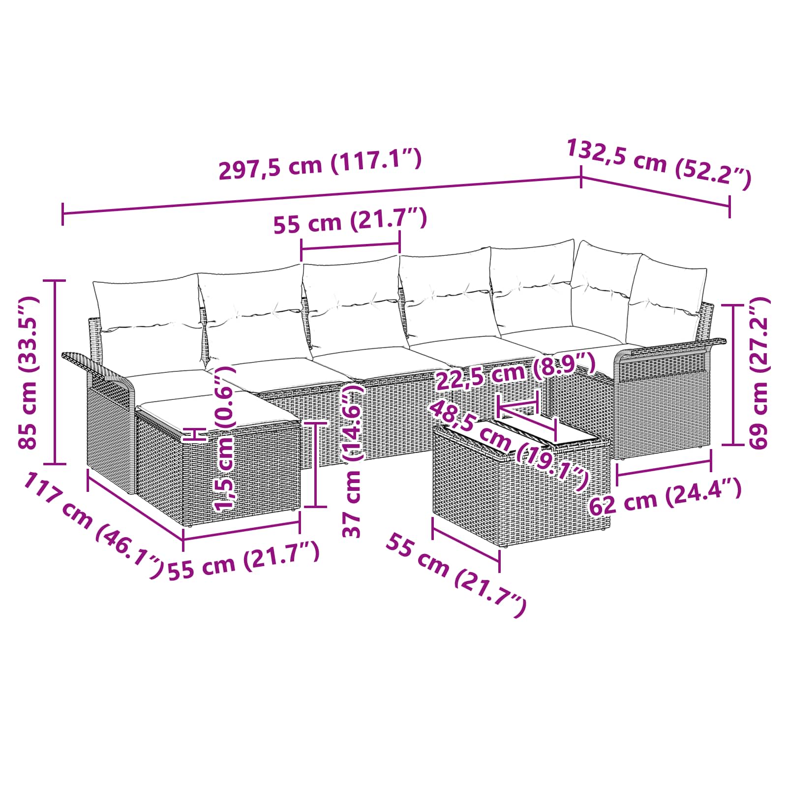 Conjunto de sofá de jardín 8 pcs Gris ratán sintético