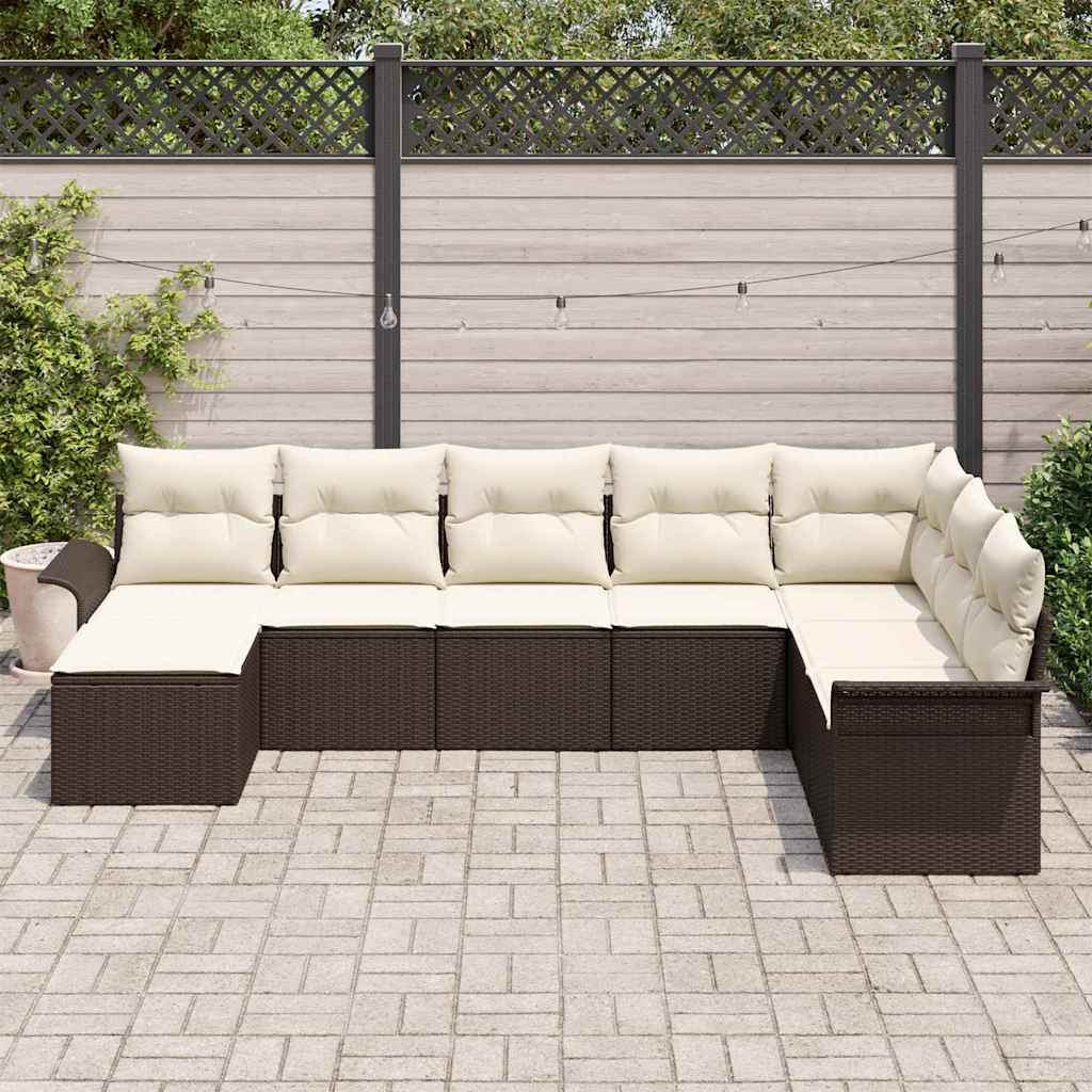 Conjunto de sofá de jardín con cojín 8 pcs Marrón Poliratán