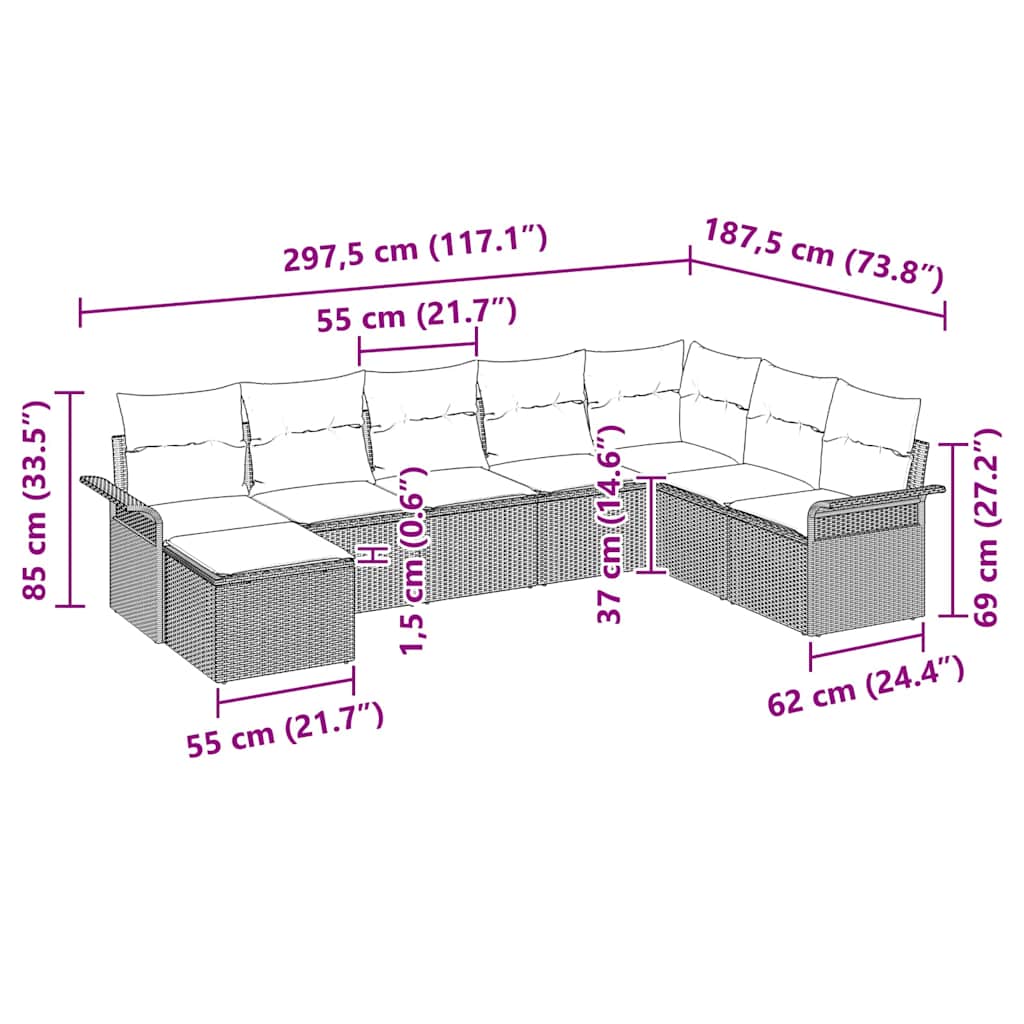 Conjunto de sofá de jardín con cojín 8 pcs Gris Claro Poliratán