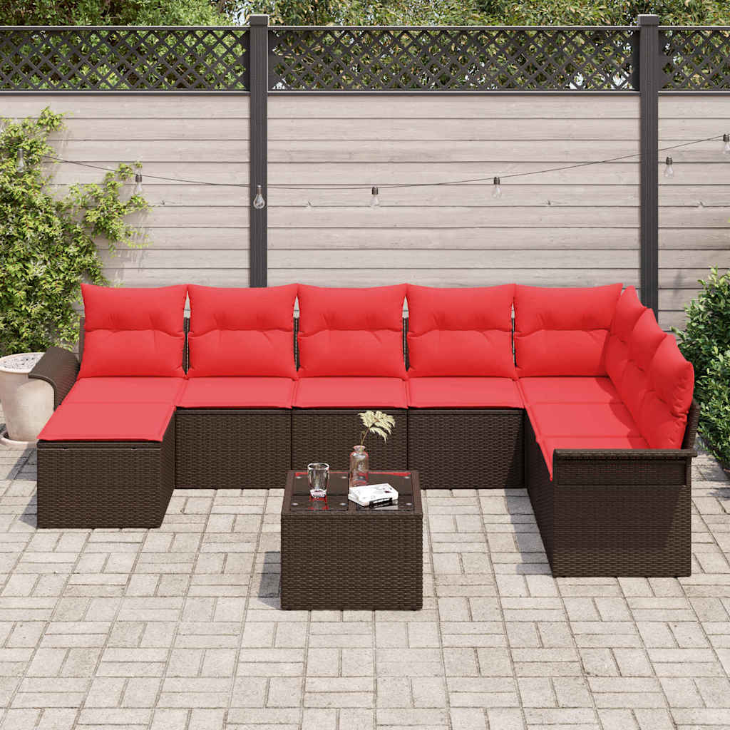 Conjunto de sofá de jardín con cojín 9 pcs Marrón Poliratán