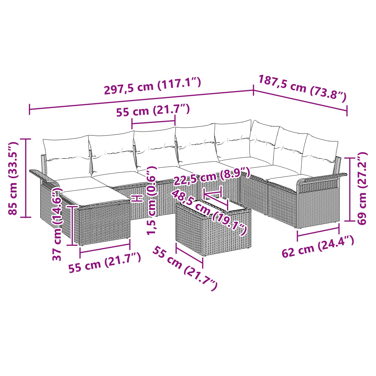 Conjunto de sofá de jardín con cojín 9 pcs Marrón Poliratán